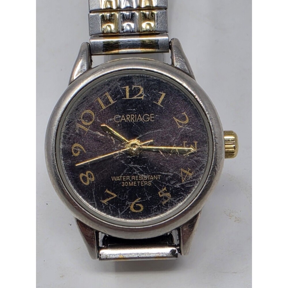 Carriage by Timex Ladies Watch Two Tone Stretch Band Black Dial Needs Battery